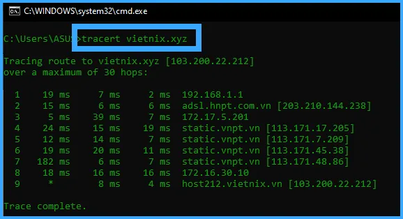 Kiểm tra tracert đến máy chủ