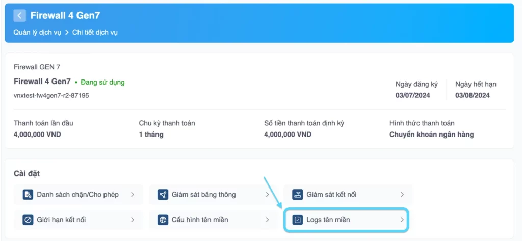 Chọn Logs tên miền