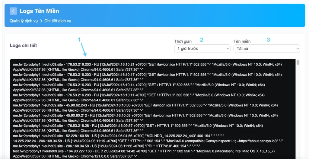 Màn hình Log tên miền
