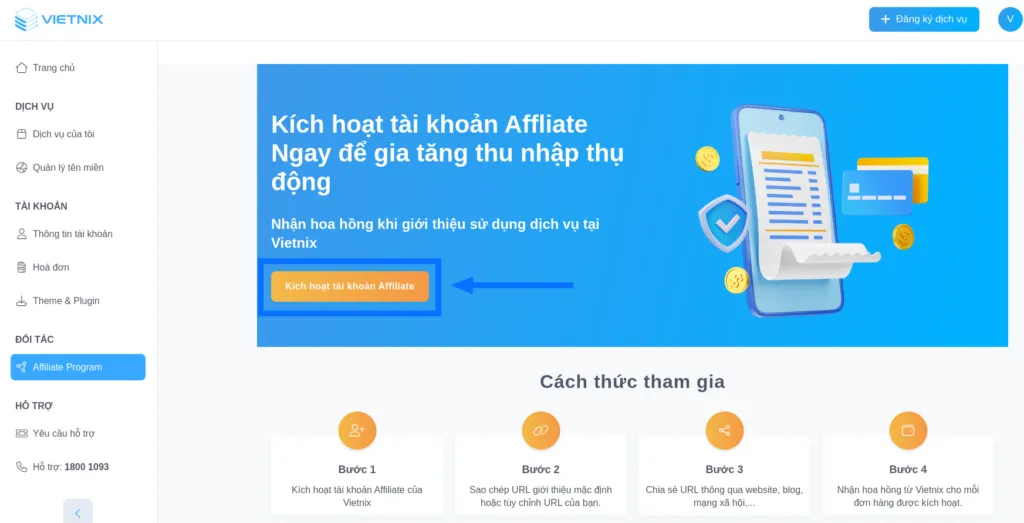 Nhấn kích hoạt tài khoản Affiliate