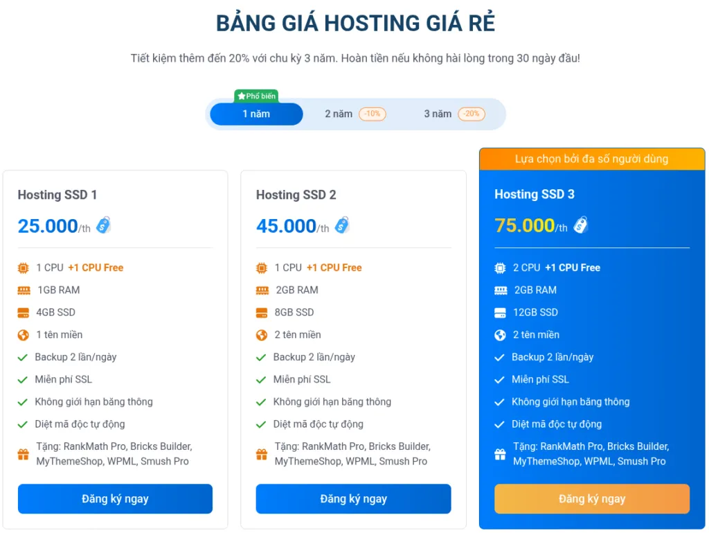 Nhấn vào nút Đăng ký của gói sản phẩm bạn muốn