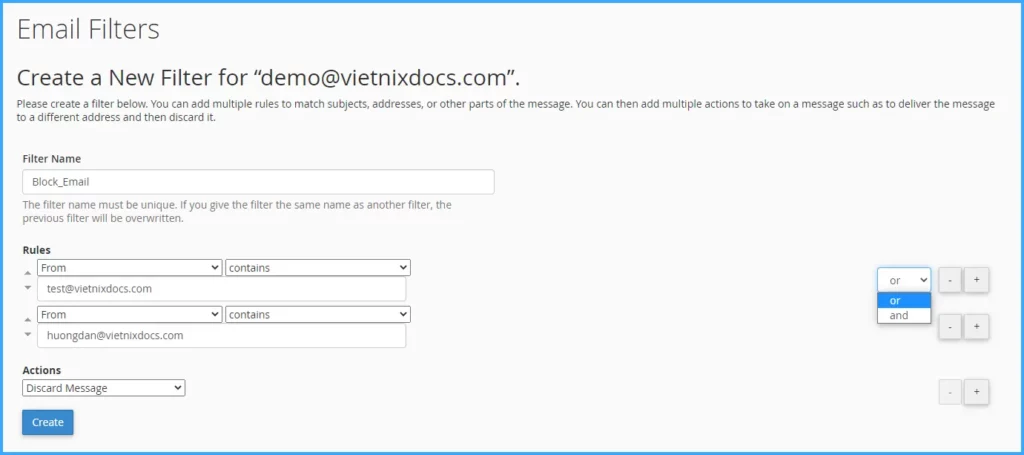 Ví dụ minh họa tạo bộ lọc