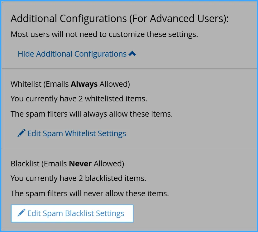 Chọn Edit Spam Blacklist Settings