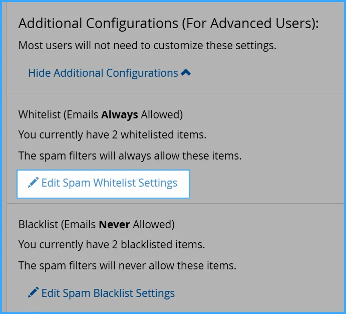 Chọn Edit Spam Whitelist Settings