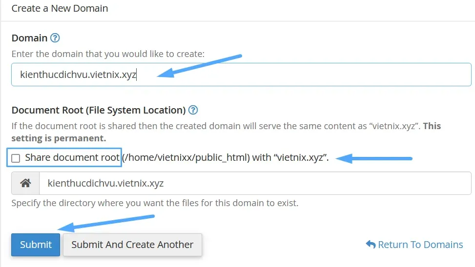 Hướng dẫn tạo Addon Domain trên cPanel nhanh chóng 14 Chọn Submit