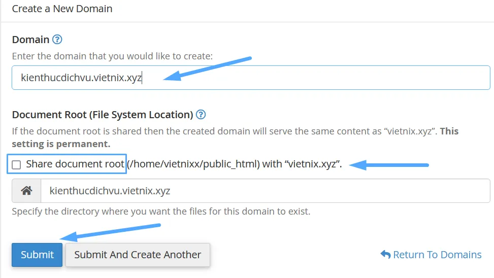 Hướng dẫn tạo Addon Domain trên cPanel nhanh chóng 14 Chọn Submit