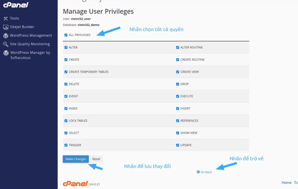 Hướng dẫn tạo Database trong cPanel nhanh chóng 20 Chọn Make Changes để lưu thay đổi