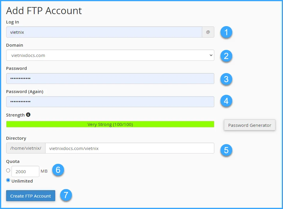 Hướng dẫn sử dụng cPanel với giao diện Jupiter 76 Điền đầy đủ thông tin tạo tài khoản FTP