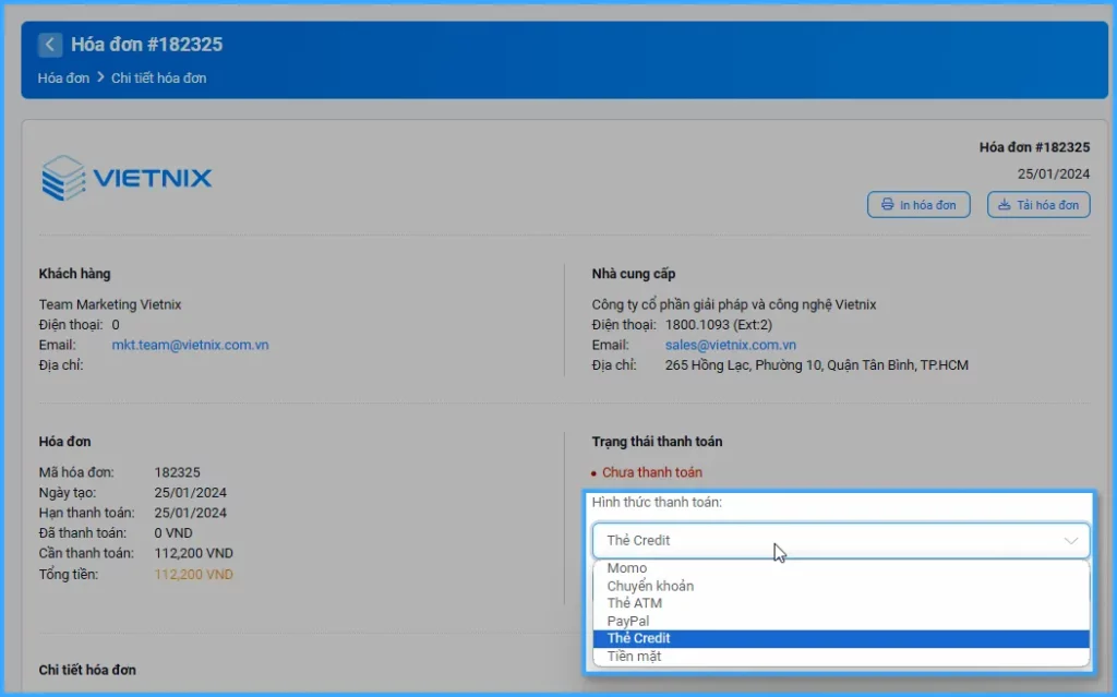 Chọn Hình thức thanh toán là Thẻ Credit
