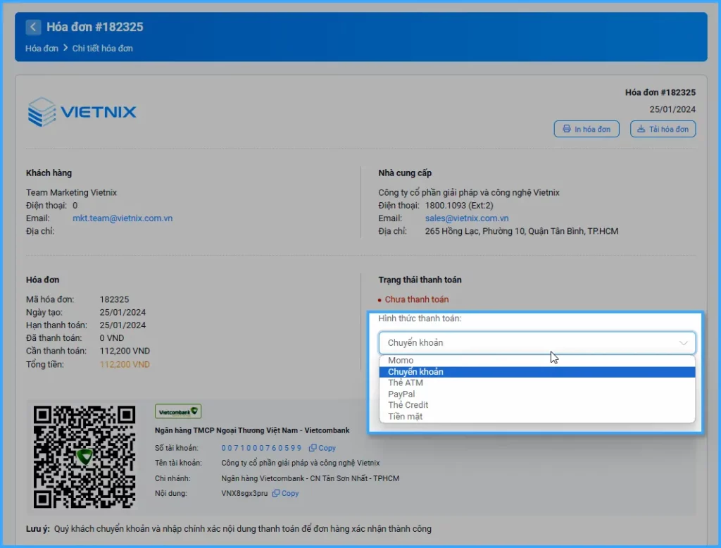 Chọn Hình thức thanh toán là Chuyển khoản ngân hàng