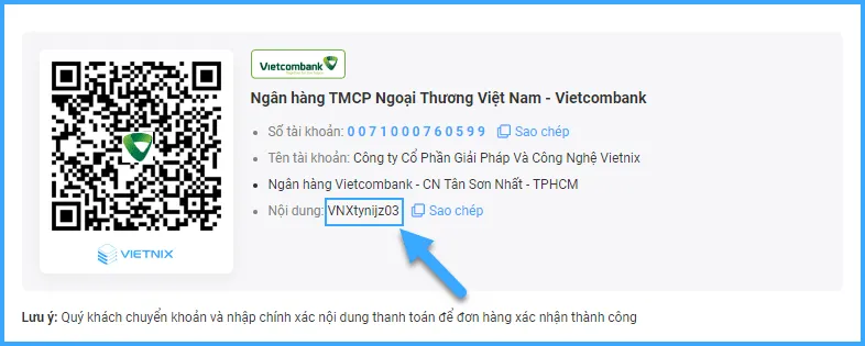Chuyển khoản qua tài khoản của Vietnix
