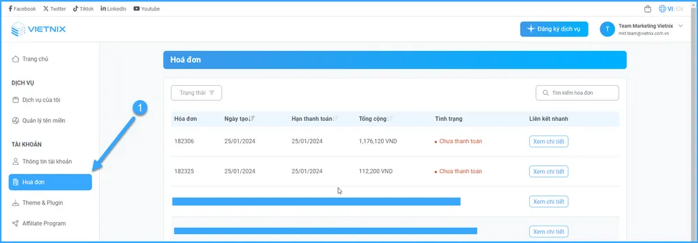 Chọn mục Hóa đơn ở cột bên trái 