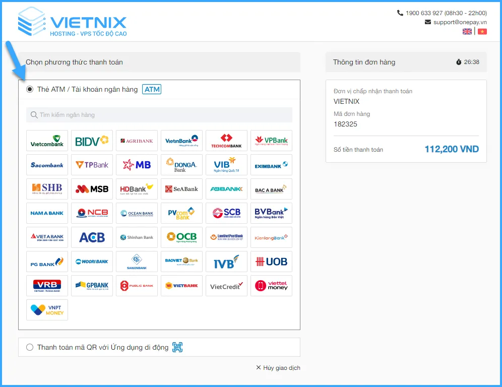 Chọn Thẻ ATM/Tài khoản ngân hàng