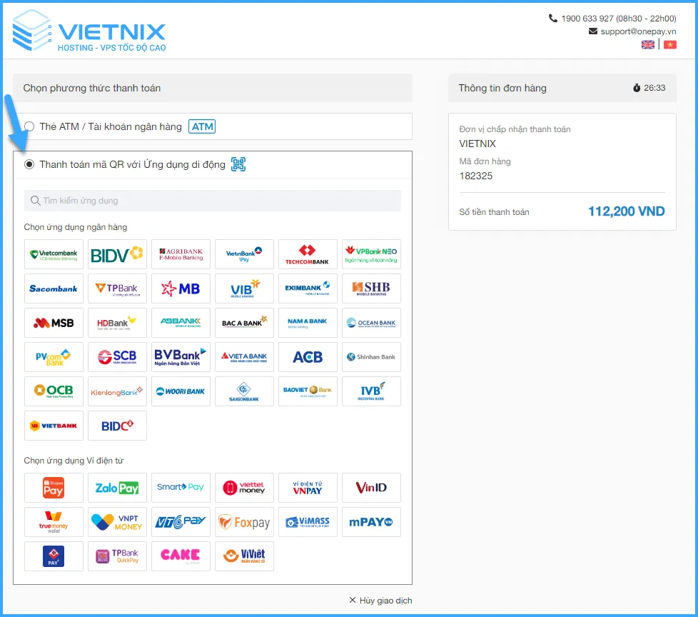 Chọn Thanh toán bằng mã QR 