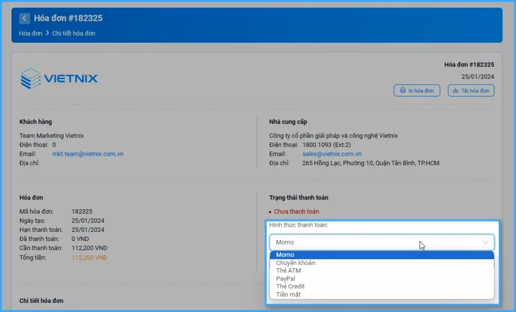 Chọn Hình thức thanh toán là Momo