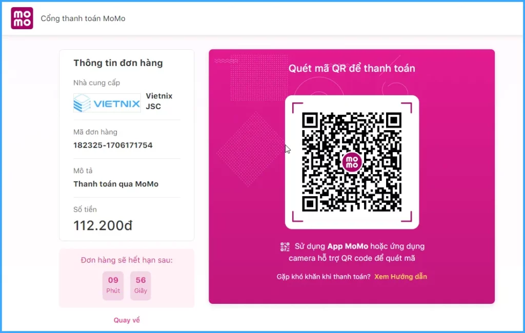 Quét mã QR code để tiến hành thanh toán