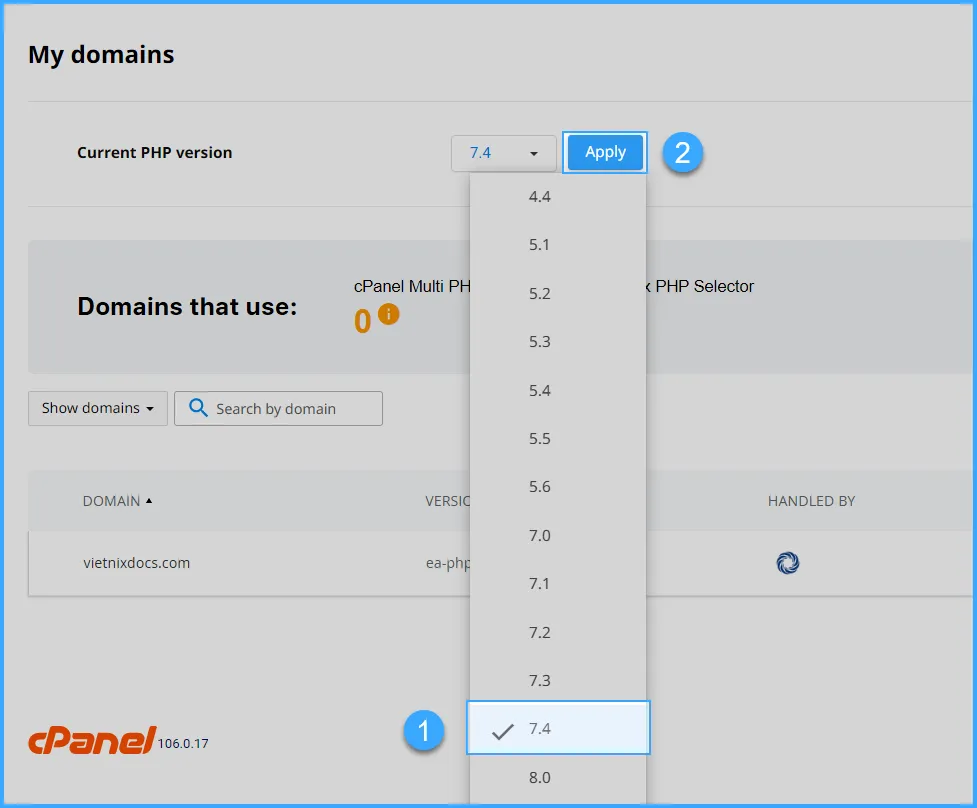 Hướng dẫn sử dụng cPanel với giao diện Jupiter 88 Chọn phiên bản PHP