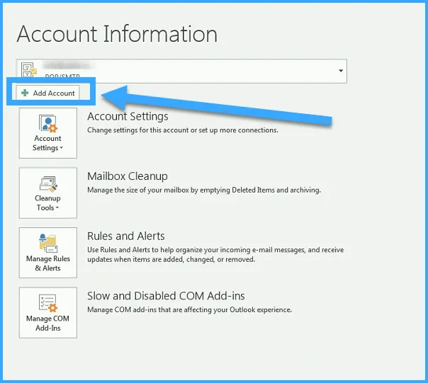 Trong giao diện chính của Outlook, bạn truy cập vào File và bấm vào nút Add Account trong tab Info