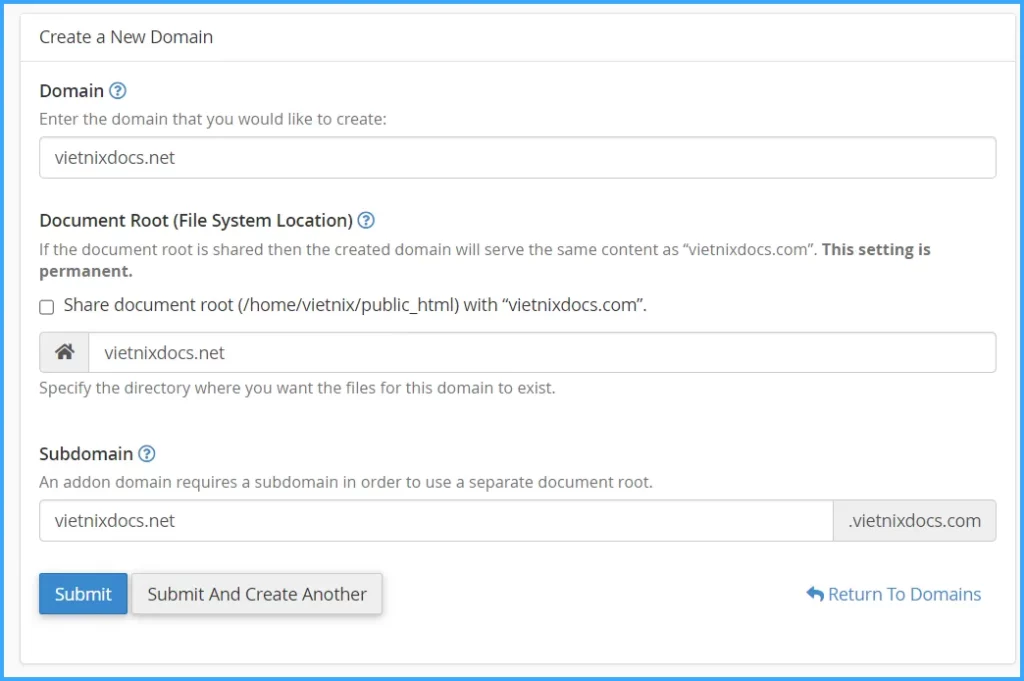Hướng dẫn sử dụng cPanel với giao diện Jupiter 55 Thêm Addon Domain