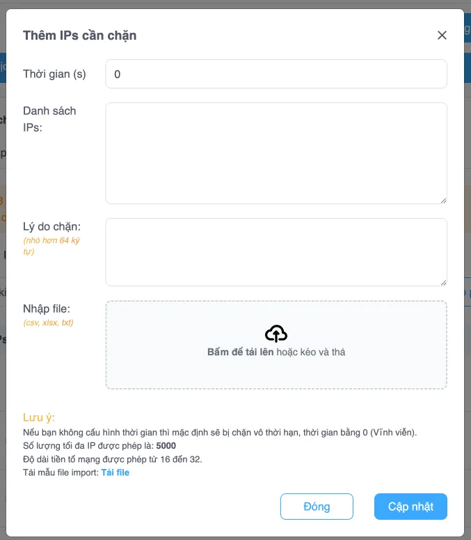 Nhập địa chỉ IP cần chặn