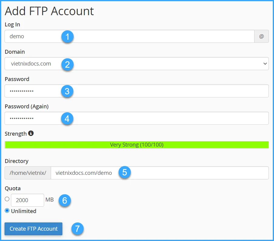 Hướng dẫn thêm tài khoản FTP trong cPanel 11 Điền đầy đủ thông tin trong FTP Account