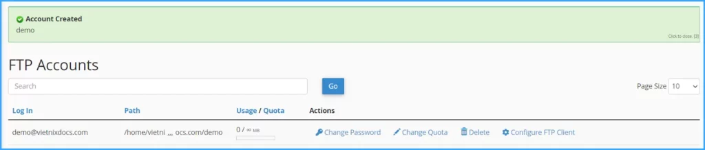 Hướng dẫn thêm tài khoản FTP trong cPanel 12 Tạo tài khoản FTP thành công
