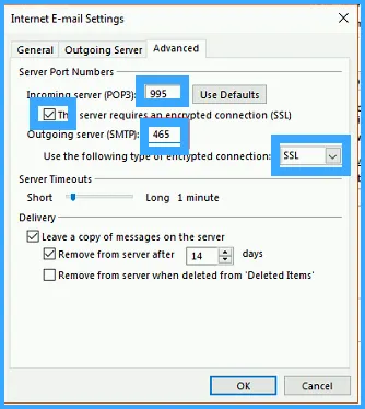 6 bước kết nối Outlook với Hosting tại Vietnix nhanh chóng 17 Bạn chuyển sang tab Advanced bắt đầu điền các thông số như hình