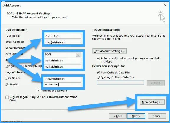 6 bước kết nối Outlook với Hosting tại Vietnix nhanh chóng 15 Bạn cần điền vào những mục quan trọng như hình