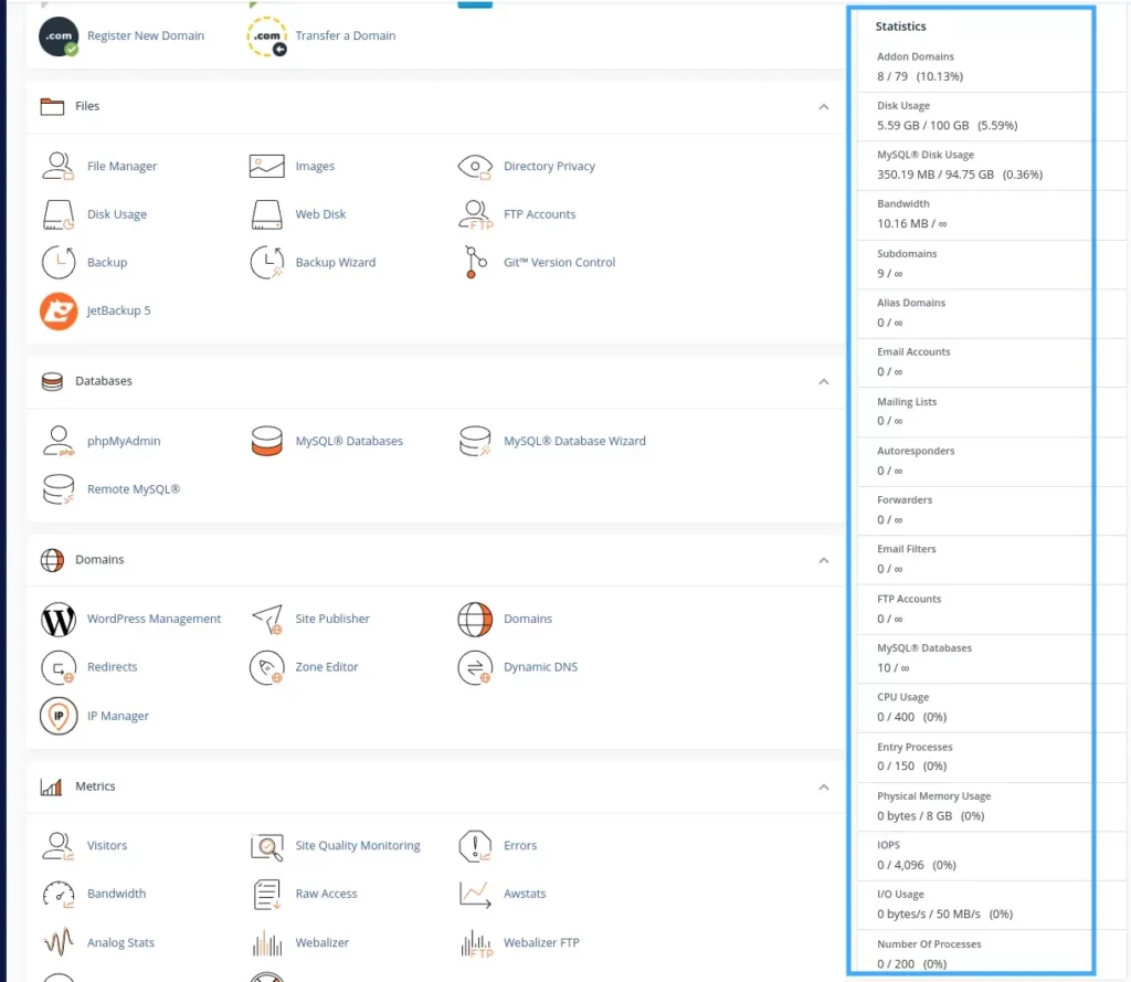Hướng dẫn 2 bước theo dõi thông số kỹ thuật trong cPanel 12 Thông số kỹ thuật trong phần Statistics