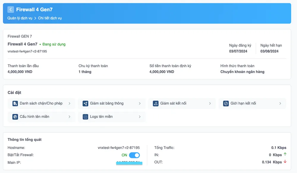 Giao diện hiển thị thông tin và một số cài đặt của dịch vụ