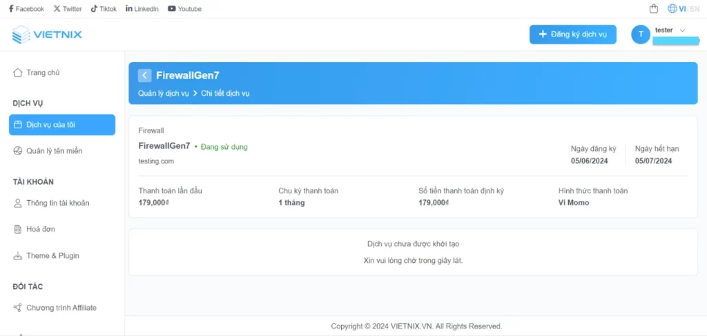 Màn hình dịch vụ khi vừa đăng ký thành công