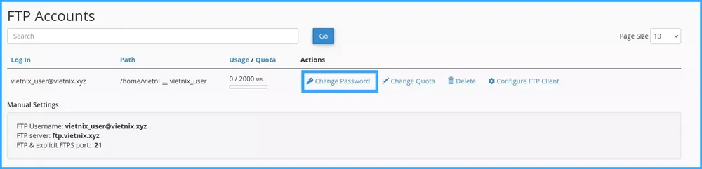 Lấy thông tin tài khoản của FTP trong cPanel