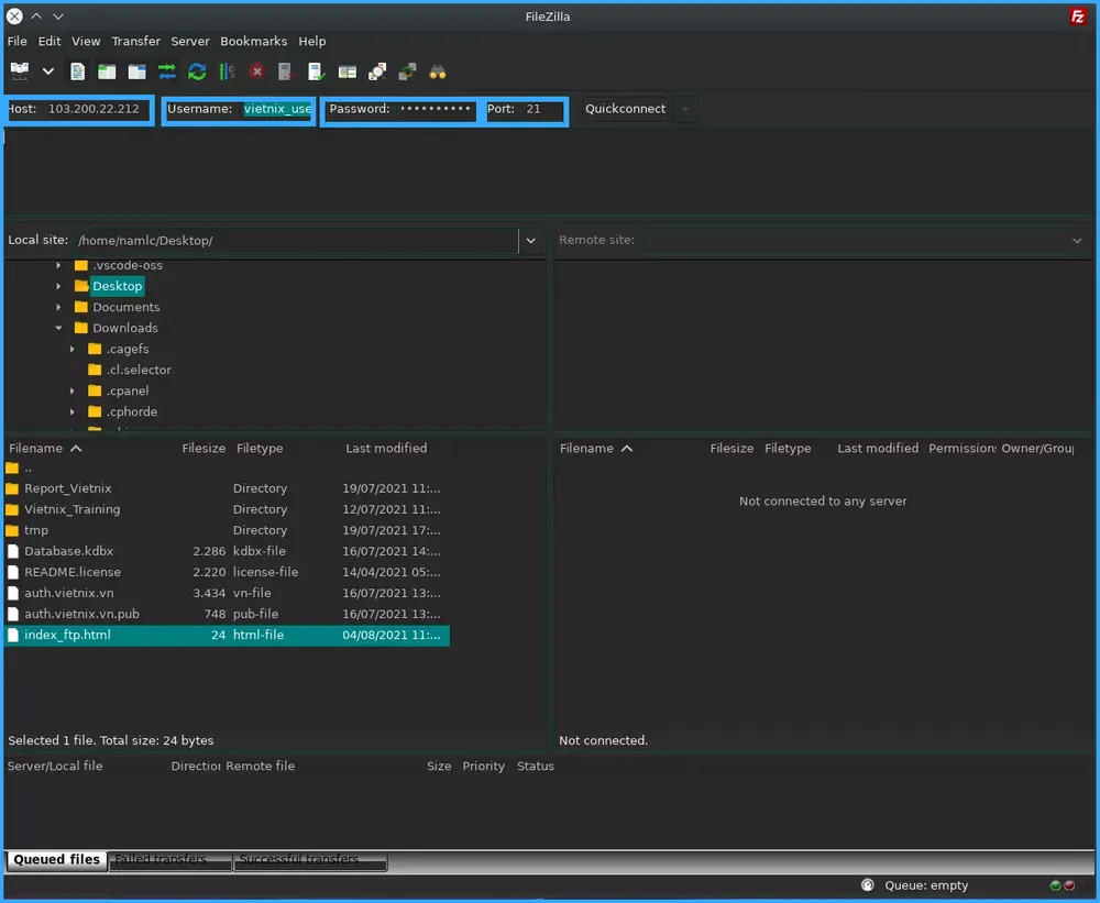 Điền các thông tin tài khoản FTP