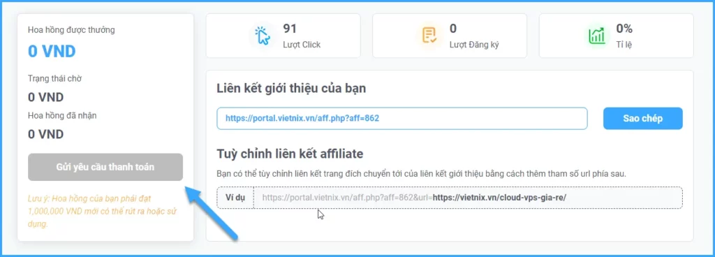 Yêu cầu rút tiền Affiliate tại Vietnix