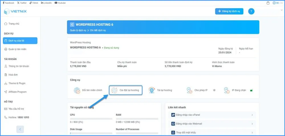 Cài đặt lại hosting