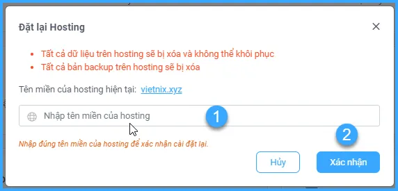 Xác nhận cài đặt lại hosting