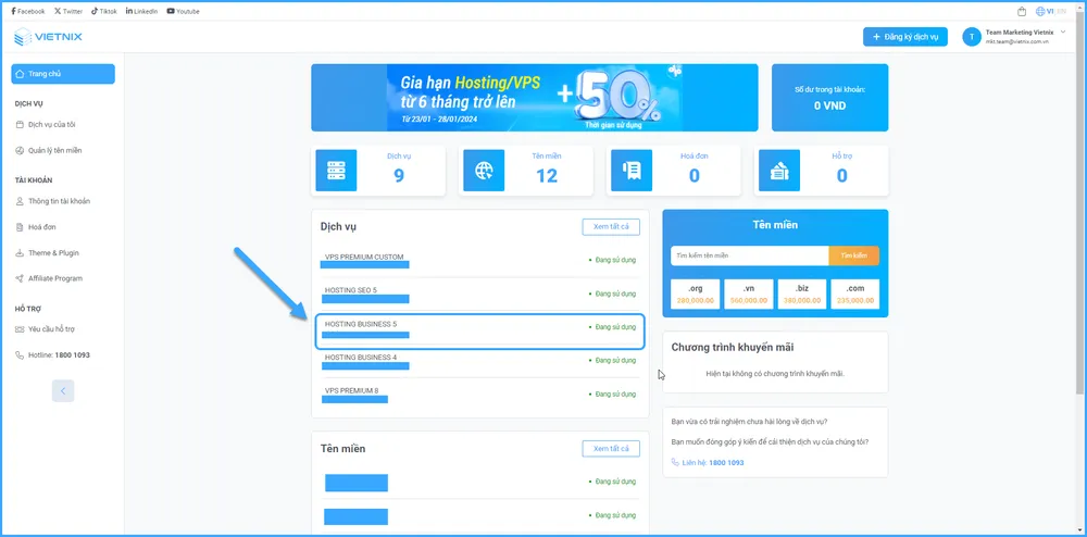 Chọn gói hosting cần cập nhật tên miền chính