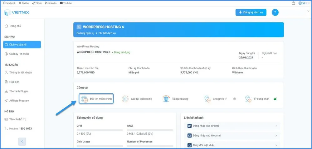 Chọn Cập nhật tên miền chính