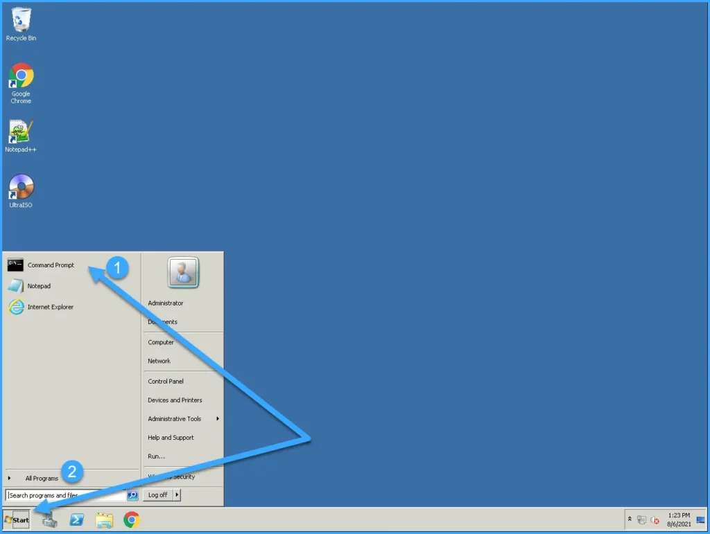 Nhấn vào Start và chọn Command Promt