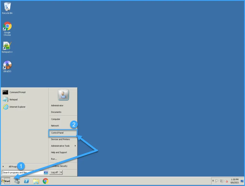 Nhấn nút Start và chọn vào Control Panel