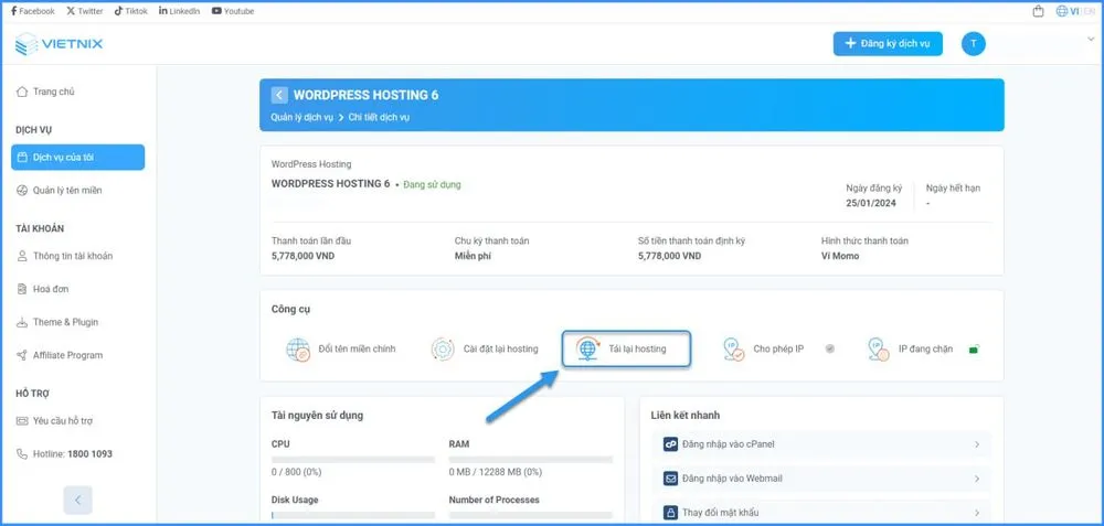 Chọn Tải lại hosting.