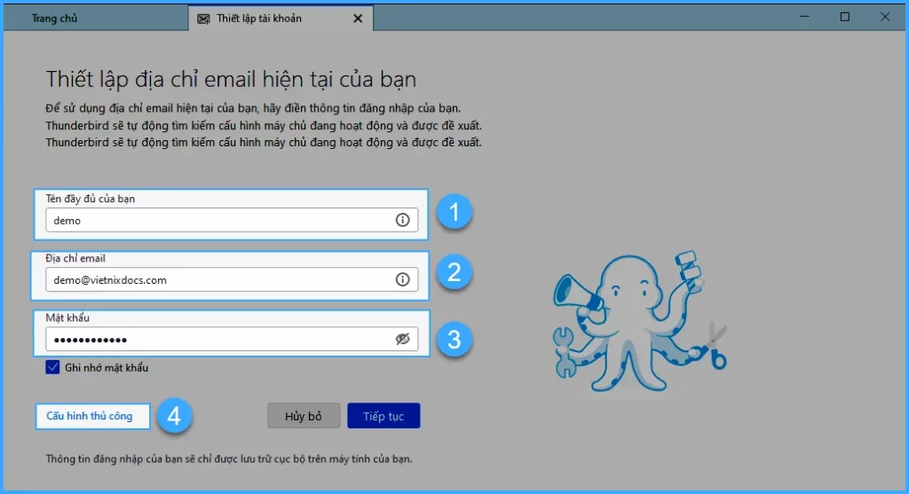 Điền thông tin thiết lập tài khoản