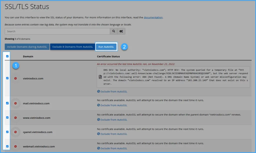 Chọn domain cài SSL