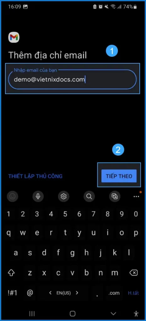Nhập địa chỉ email theo tên miền