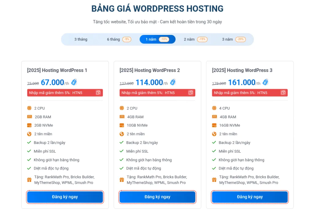 Bảng giá WordPress Hosting Vietnix