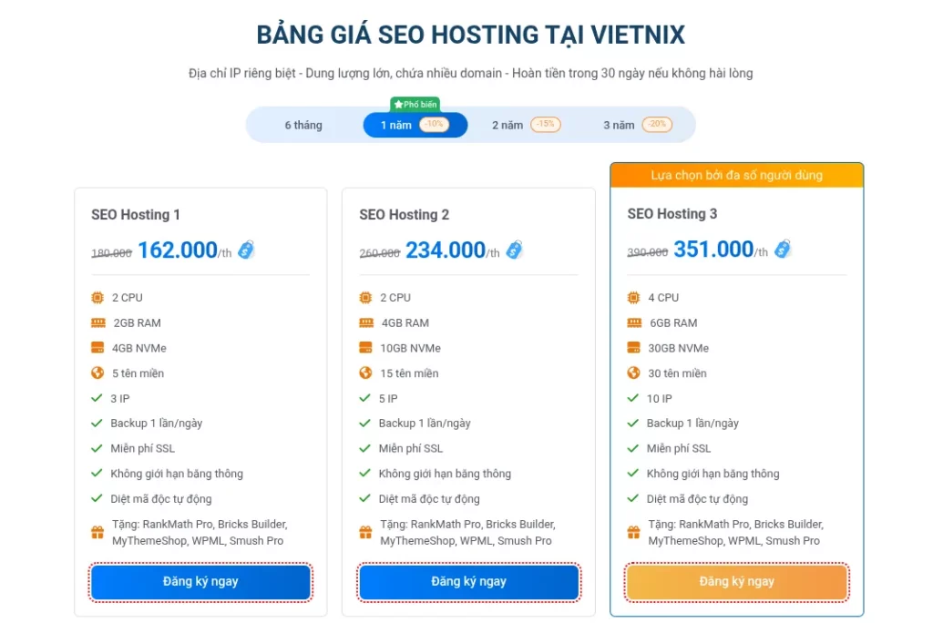 Bảng giá SEO Hosting Vietnix