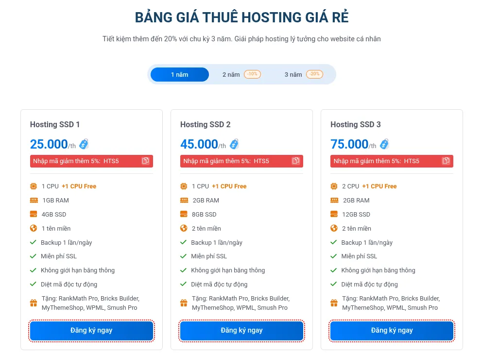 Bảng giá Hosting Giá Rẻ Vietnix