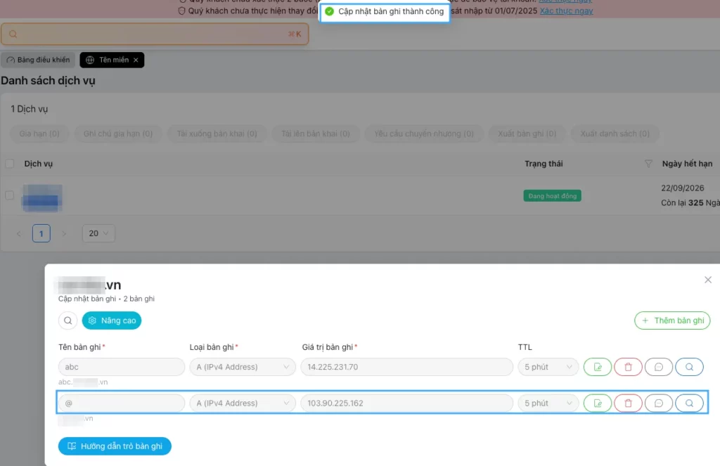 Cập nhật bản ghi thành công