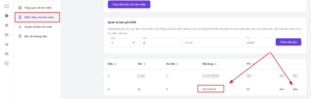 Chỉnh sửa bản ghi cho domain chính