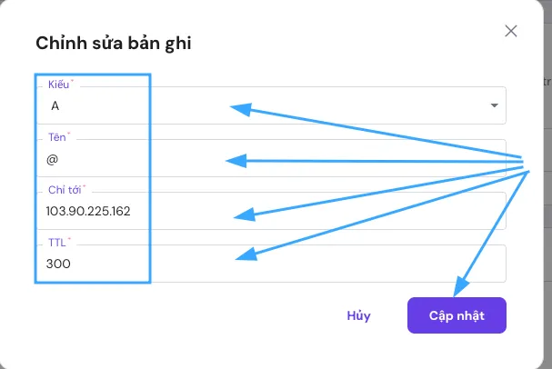 Chỉnh sửa bản ghi cho domain chính